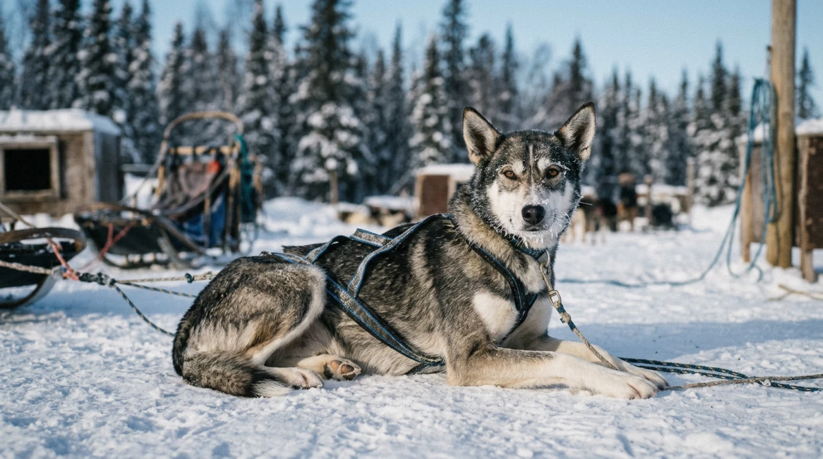 Alaskan husky with frost on its muzzle resting in harness in bright sunlight at a Fairbanks dog sledding kennel