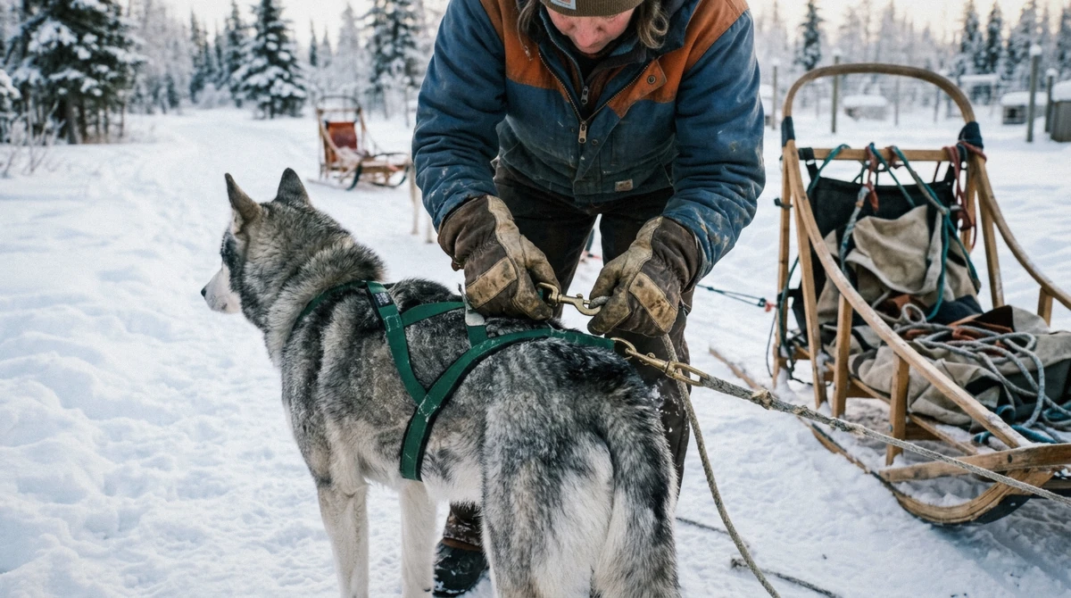 Musher harnessing an Alaskan husky before a private dog sledding run near Fairbanks