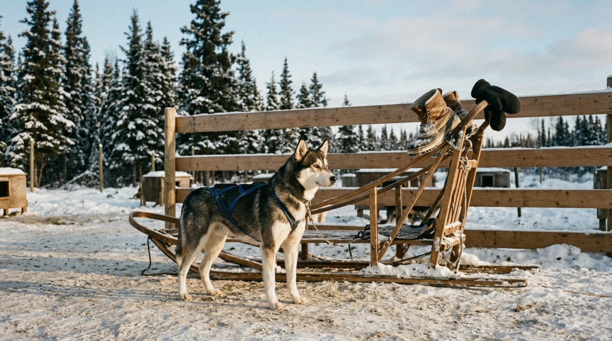 Alaskan husky in harness waiting by a wooden sled at a Fairbanks dog sledding kennel on a clear winter morning