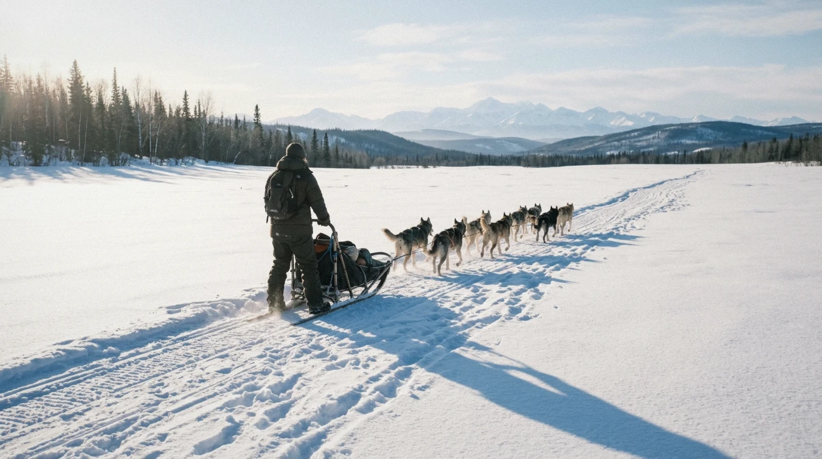 Dog sled team crossing an open snowfield in March sunlight on a Fairbanks dog sledding tour