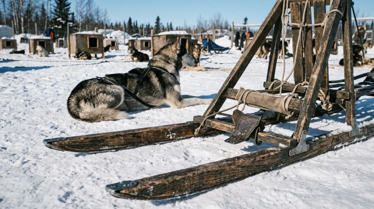 Wooden sled runners and brake on packed snow at a Fairbanks dog sledding kennel